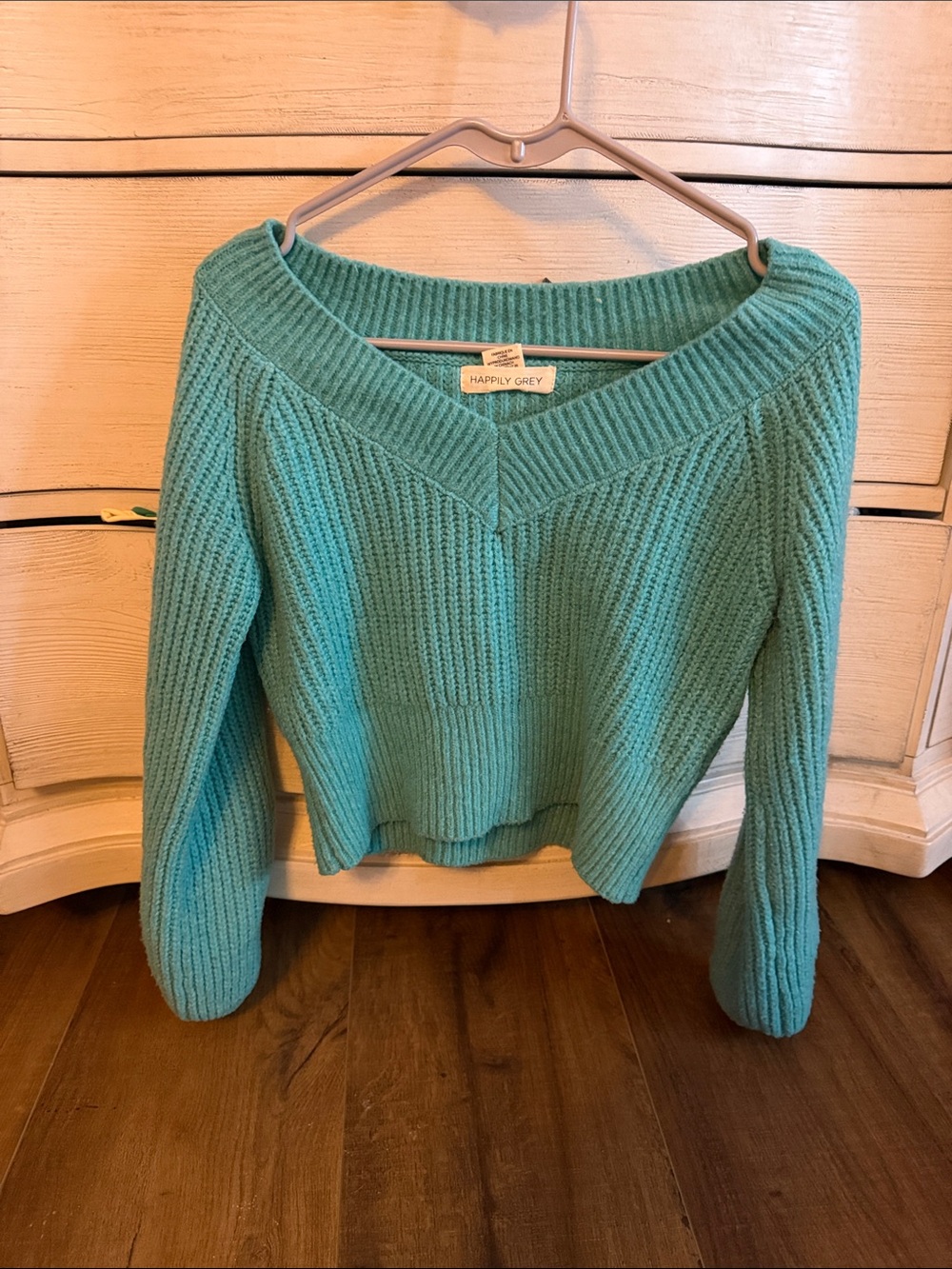 Happily Grey Off-the-Shoulder Teal Ribbed Sweater